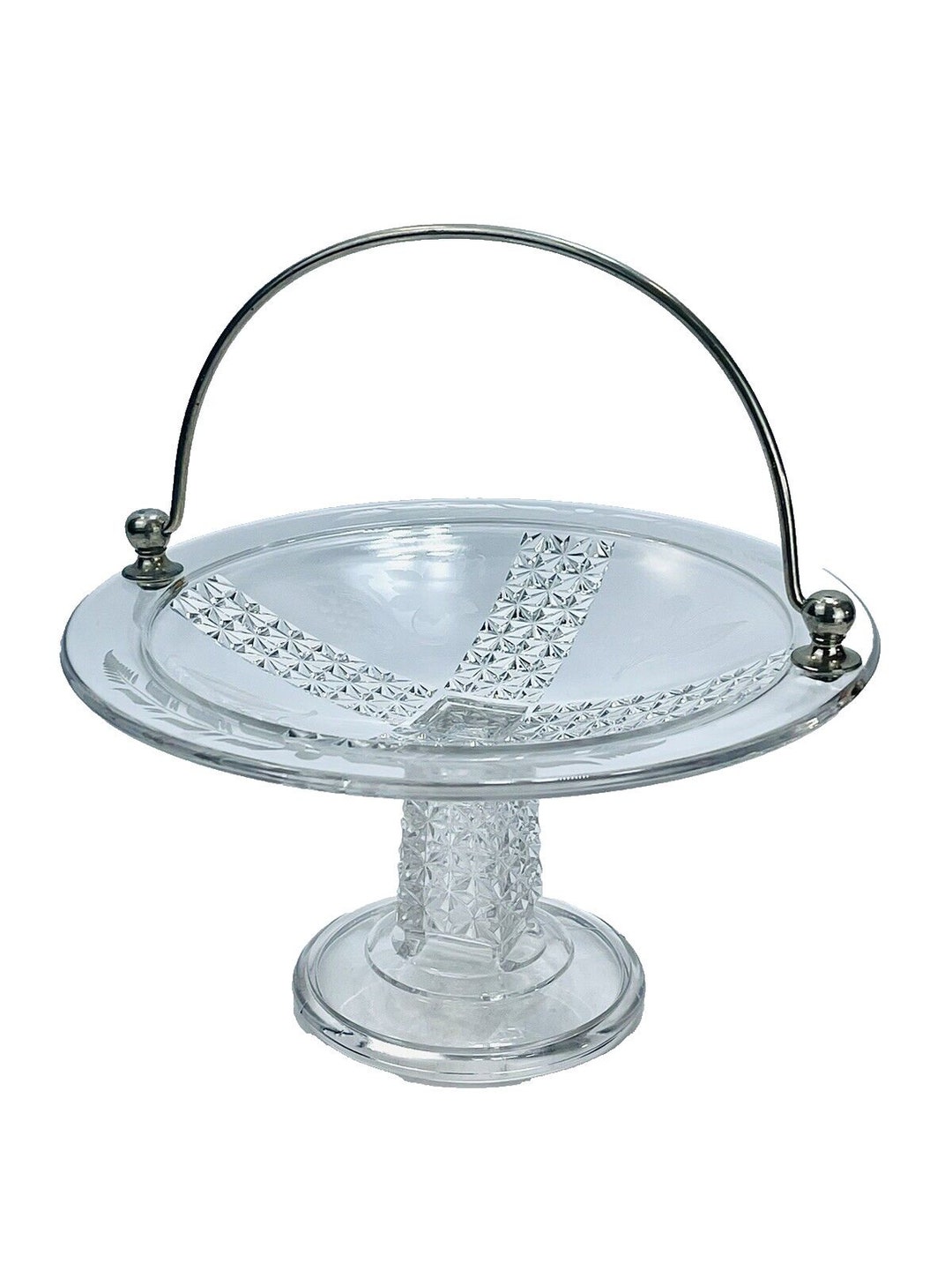 Antique Vintage Etched Glass Compote Stand Early American Pattern