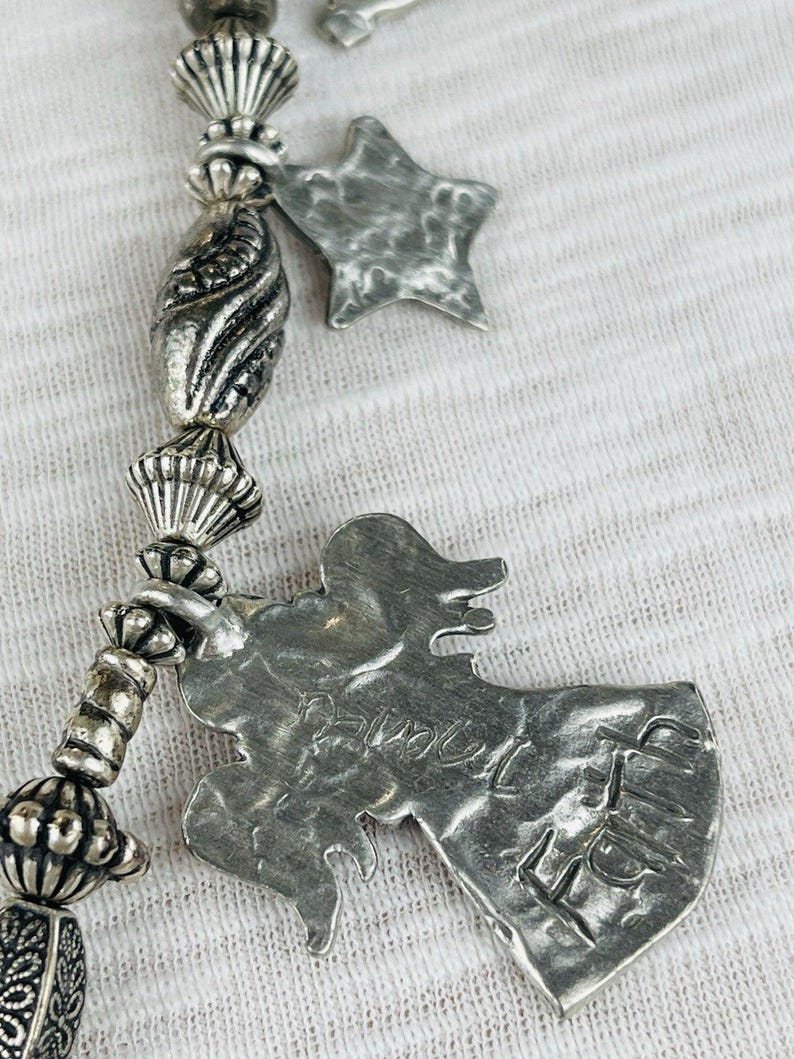 Vintage MARCIE Angels & Stars Pewter 9 Charm Necklace Silver Tone Beads Artisan Jewelry Made in USA Signed Angel Charms zdjęcie 8