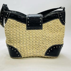 Vintage BRIGHTON Purse DINAH Woven Tan Straw Black Croc-Embossed Leather Studded Shoulder Bag Silver Tone Hardware Heart Charm image 12