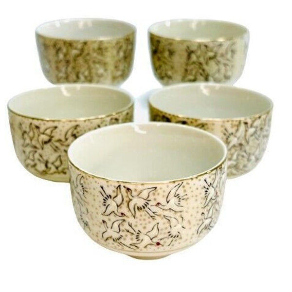 5 Japanese Kutani Ware Style Cups / VINTAGE Porcelain Sake Cups / Flying Cranes Gold Trim Bowls / Vintage Barware / Asian Bar Gift / MCM