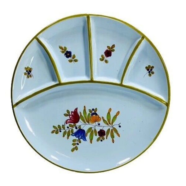 Vintage PV Peasant Village Italy Blue Floral Flower Italian Pottery DIVIDED PLATE Fondue Dish / Vintage Serving Dish / Vintage Kitchen