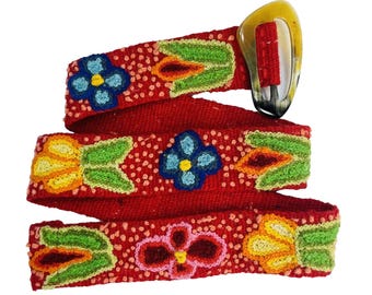 Embroidered Peru Wool BELT Red Floral HORN BUCKLE Adjustable 44" Belt Vintage Boho Hippie Festival Peasant Peruvian Textile Art to Wear