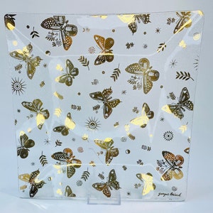 Vintage Georges Briard Gold Butterflies Square Dish 1960&#39;s MCM Mid Century Modern Clear Glass Gold Gilded Tray 9.75&quot; Square Serving Dish