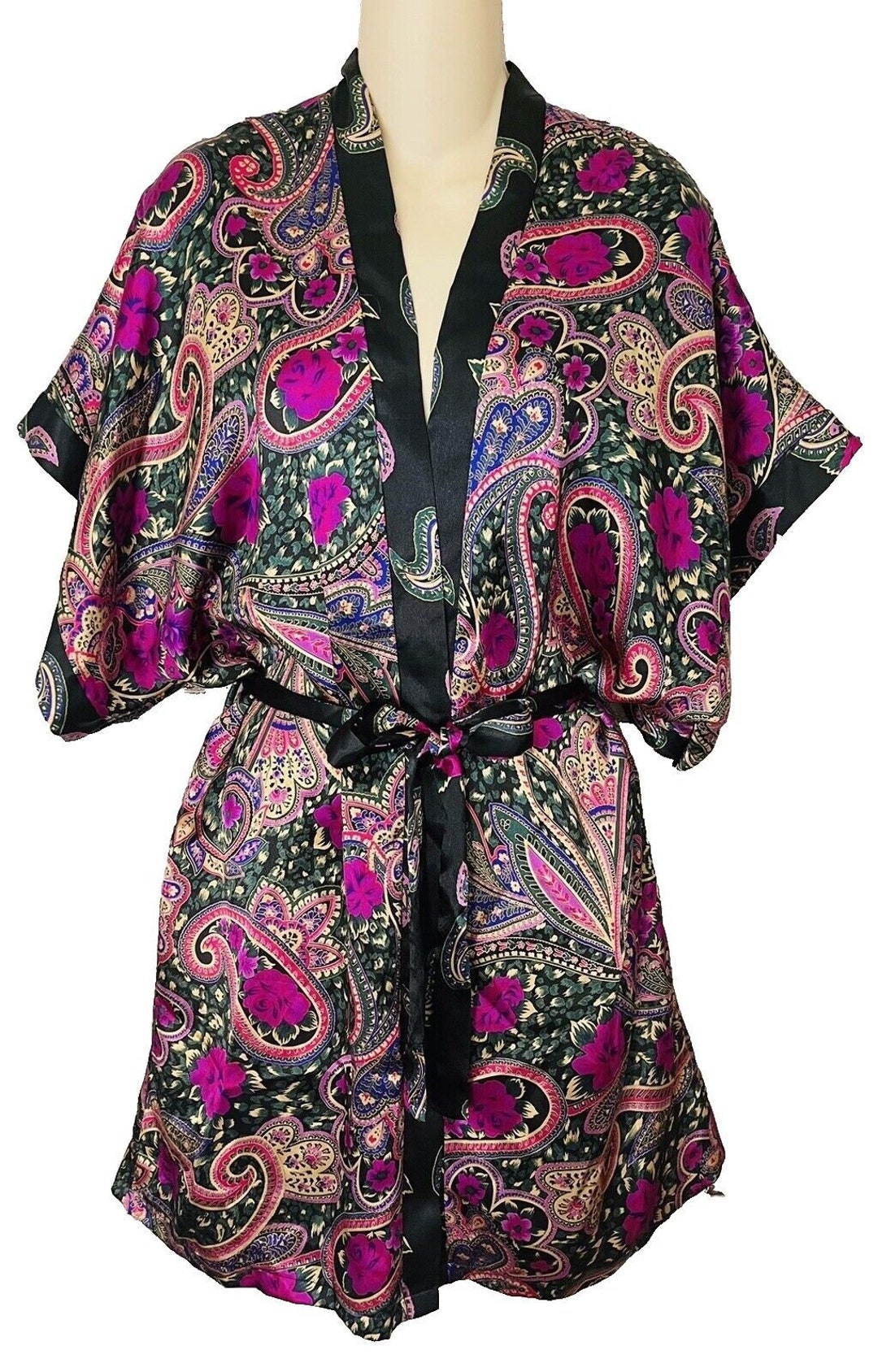 VINTAGE Frederick's of Hollywood Satin Robe Kimono Size MEDIUM / Floral