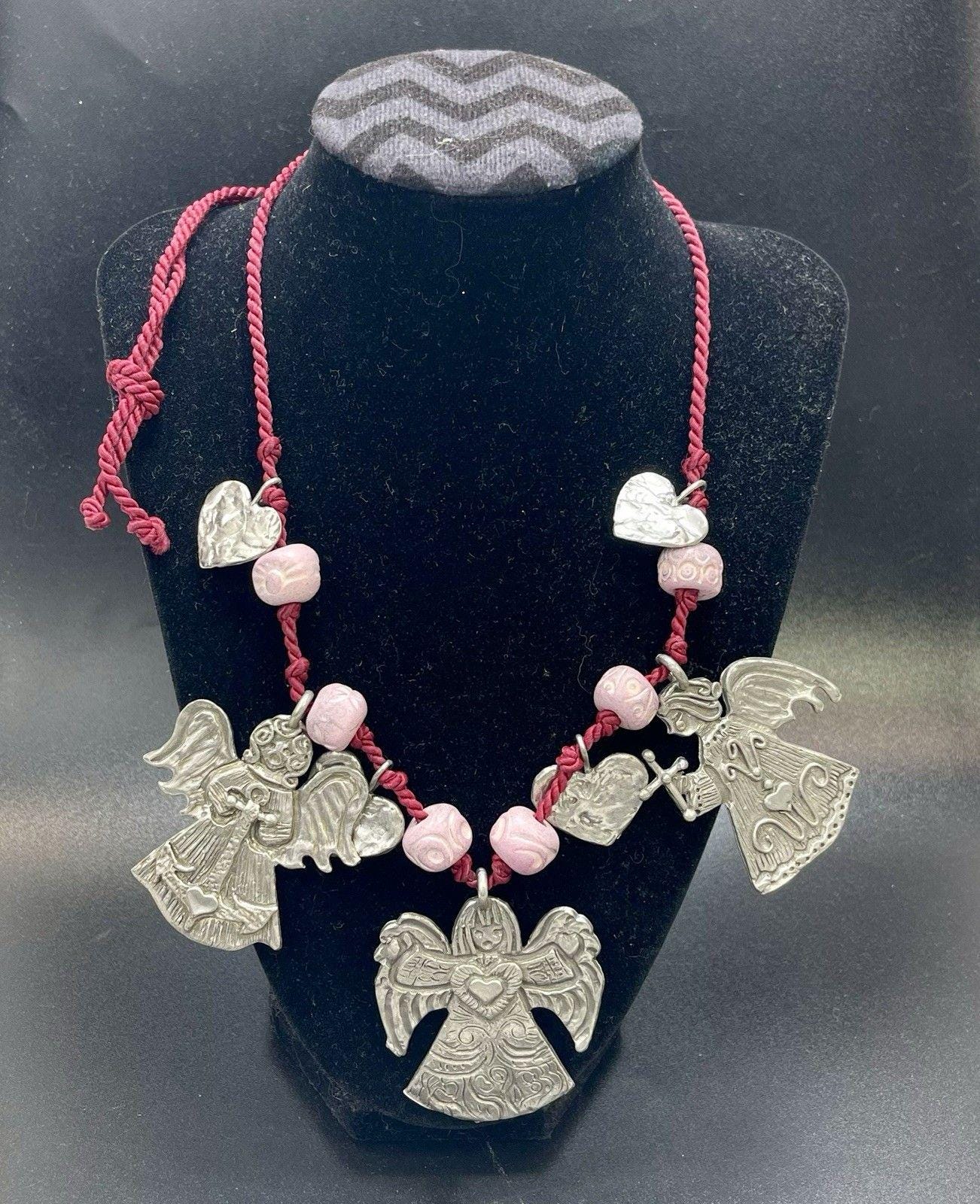 Vintage MARCIE Angels & Hearts Pewter 7 Charm Necklace Pink Pottery Beads Long Adjustable Cord Made in USA Chunky Jewelry