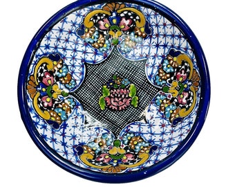 TALAVERA Pottery Bowl Zepeda Pue Puebla Mexico 8" Blue Floral Terra Cotta Dish Vintage Mexican Kitchen Decor Signed Mexican Folk Art