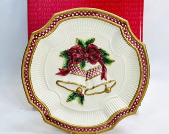 Fitz And Floyd Christmas Holiday Bells Canape Plate Bells & Bow 9.25" Dish in Original Box Vintage FF Christmas Serving Dessert Plate Gift