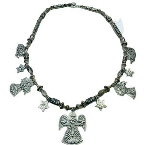 Vintage MARCIE Angels & Stars Pewter 9 Charm Necklace Silver Tone Beads Artisan Jewelry Made in USA Signed Angel Charms zdjęcie 2