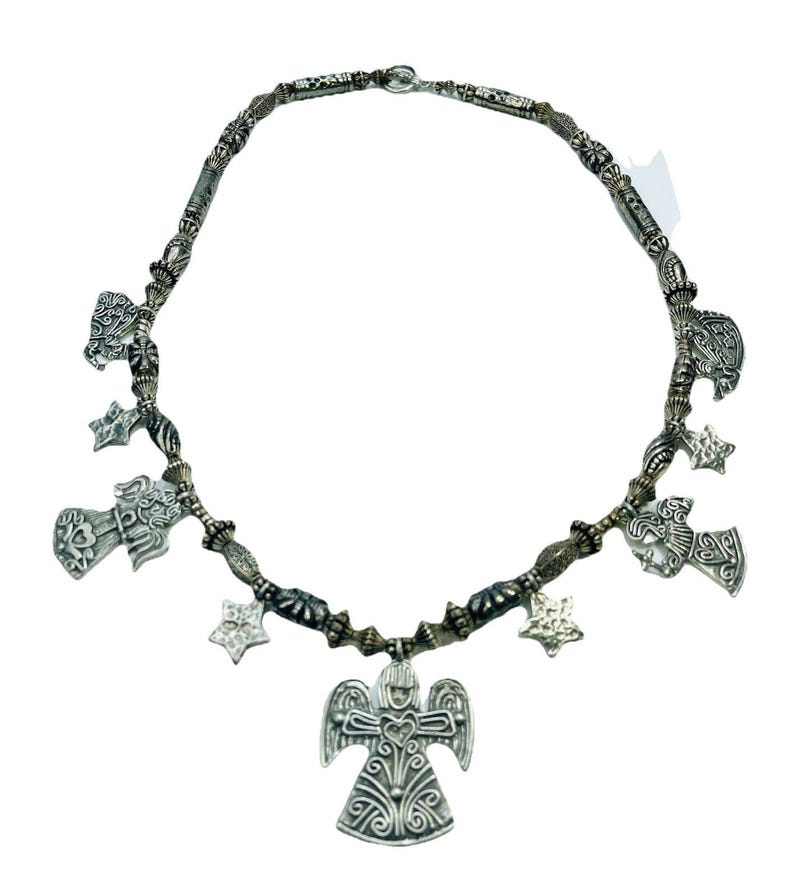 Vintage MARCIE Angels & Stars Pewter 9 Charm Necklace Silver Tone Beads Artisan Jewelry Made in USA Signed Angel Charms zdjęcie 2