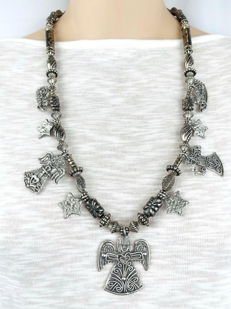 Vintage MARCIE Angels & Stars Pewter 9 Charm Necklace Silver Tone Beads Artisan Jewelry Made in USA Signed Angel Charms