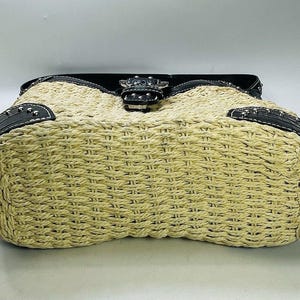Vintage BRIGHTON Purse DINAH Woven Tan Straw Black Croc-Embossed Leather Studded Shoulder Bag Silver Tone Hardware Heart Charm image 5