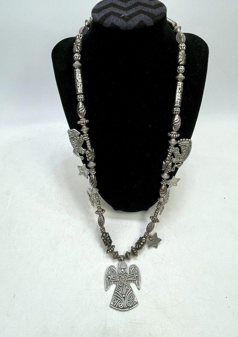 Vintage MARCIE Angels & Stars Pewter 9 Charm Necklace Silver Tone Beads Artisan Jewelry Made in USA Signed Angel Charms zdjęcie 5