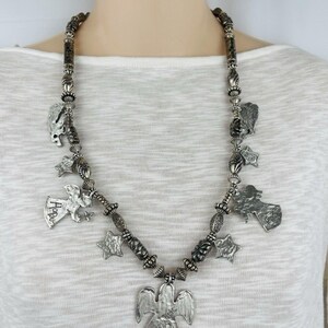 Vintage MARCIE Angels & Stars Pewter 9 Charm Necklace Silver Tone Beads Artisan Jewelry Made in USA Signed Angel Charms zdjęcie 7
