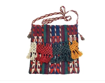 Vintage Woven Wool Rug Purse Hand Made Kilim Carpet Shoulder Crossbody Handbag Tribal Boho Tote Bag Vintage Hand Sewn Textile Art to Wear