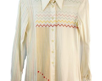 Vintage Nik Nik Disco Shirt Women's 5/6 Small 1970s Clubwear Abstract Cream & Multicolor Groovy Top  Cool Nylon Button Shirt Made in Italy