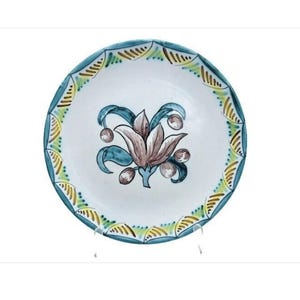 Vintage Hand Painted Botanical Floral Italian Terra Cotta Pottery Plate Signed Italy Rooster Mark Green Yellow Floral Italian Pottery Dish