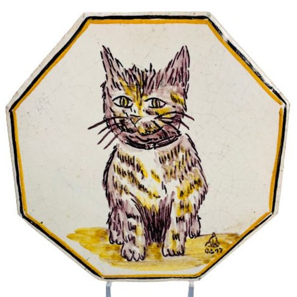 Vintage SSA Ceramic Tile Trivet Octagonal 8 Side Cat Kitten Hand Painted Cork Back / Vintage Tile / Vintage Cat Gift  / Vintage Home Kitchen