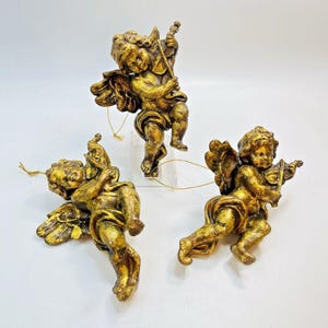 Cherub Angel Ornaments Playing Violin Gold Hanging Christmas Angels Large 6&quot; Cherubs Set of 3 Hanging Golden Christmas Angel Ornaments
