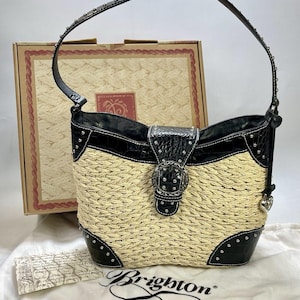 Vintage BRIGHTON Purse DINAH Woven Tan Straw Black Croc-Embossed Leather Studded Shoulder Bag Silver Tone Hardware Heart Charm