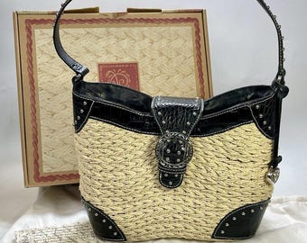 Vintage BRIGHTON Purse DINAH Woven Tan Straw Black Croc-Embossed Leather Studded Shoulder Bag Silver Tone Hardware Heart Charm