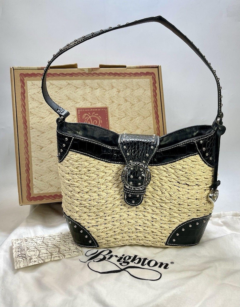 Vintage BRIGHTON Purse DINAH Woven Tan Straw Black Croc-Embossed Leather Studded Shoulder Bag Silver Tone Hardware Heart Charm