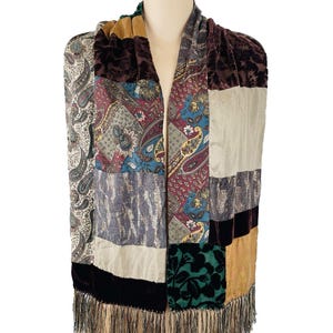 Silk Patchwork with Burnout Velvet LINED SCARF Oblong Shawl with Fringe Browns 55x9 Luxury Vintage Wrap