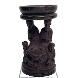 Vintage African Hand Carved Ebony Wood Nativity Holy Family Makonde Sculpture Candle Holder Unique Makonde Folk Art Stand 6.25&quot; Tall