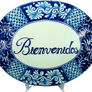 VINTAGE Bienvenidos Mexican Talavera Wall Art Pottery Wall Hanging Welcome Sign Plaque Blue White Pottery Made in Mexico House Sign