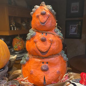 LARGE Vintage Paper Mache Stacked 3 Pumpkins Fall Thanksgiving Halloween Decor 17"+ Tall Orange Totem Pumpkin Figure Vintage Home Decor