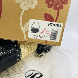 Vintage BRIGHTON Purse DINAH Woven Tan Straw Black Croc-Embossed Leather Studded Shoulder Bag Silver Tone Hardware Heart Charm image 2