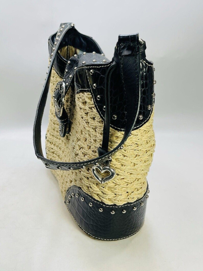 Vintage BRIGHTON Purse DINAH Woven Tan Straw Black Croc-Embossed Leather Studded Shoulder Bag Silver Tone Hardware Heart Charm image 11