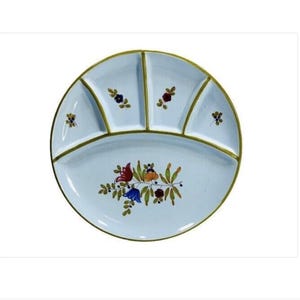 May include: A white ceramic serving plate with a gold rim and floral design. The plate is divided into five sections.