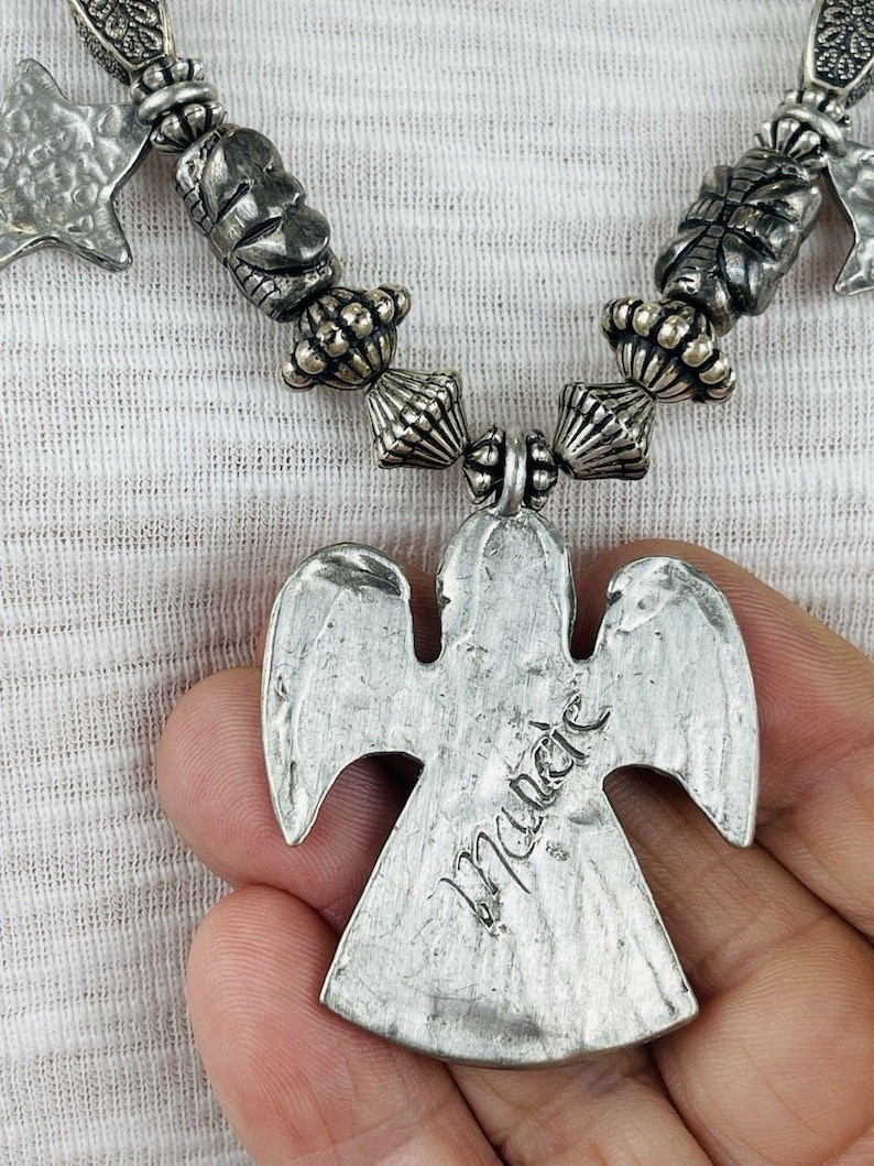 Vintage MARCIE Angels & Stars Pewter 9 Charm Necklace Silver Tone Beads Artisan Jewelry Made in USA Signed Angel Charms zdjęcie 10