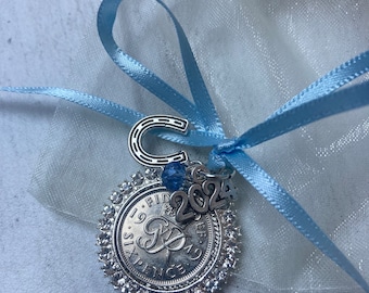 Lucky sixpence and something blue bouquet charm ( design 1)