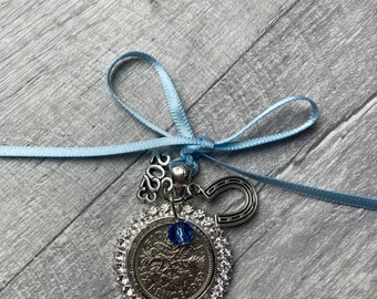 Lucky sixpence and something blue bouquet charm