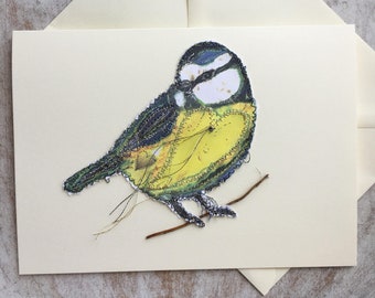 Fiddlestitch Blue Tit Card, a handmade, stitched gift for Bird Lovers.