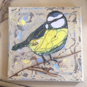 Fiddlestitch Blue Tit Canvas, a Fiddlestitch stitched Blue Tit on a handpainted Canvas perfect gift for Bird Lovers. image 3