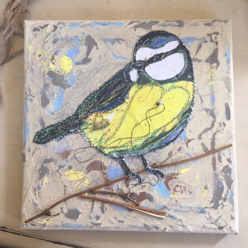 Fiddlestitch Blue Tit Canvas, a Fiddlestitch stitched Blue Tit on a handpainted Canvas perfect gift for Bird Lovers. image 3
