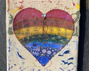 Fiddlestitch Rainbow Canvas, Pride, LGBT Rainbow Canvas Gift. Hand painted & stitched Canvas with Welsh Tapestry