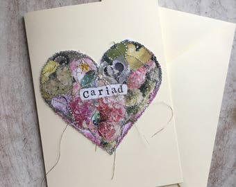 Fiddlestitch Cariad Card, Valentines Welsh Love Card also Wedding, Engagement, Love, Cariad,Handmade and stitched.