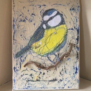 Fiddlestitch Blue Tit Canvas, a Fiddlestitch stitched Blue Tit on a handpainted Canvas perfect gift for Bird Lovers. image 1