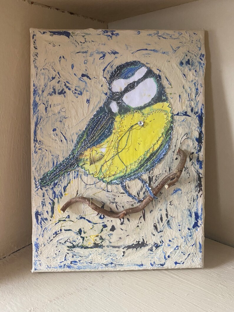 Fiddlestitch Blue Tit Canvas, a Fiddlestitch stitched Blue Tit on a handpainted Canvas perfect gift for Bird Lovers. image 1