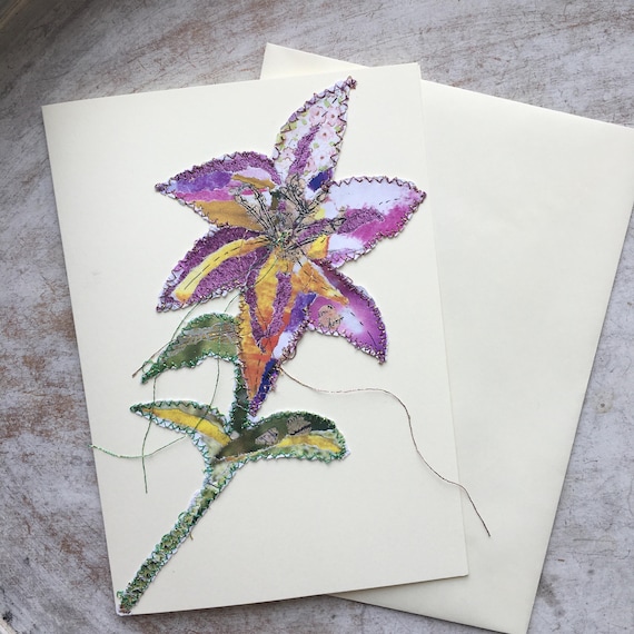 Fiddlestitch Lilly Flower Card for Birthday, Flower Lovers, Friendship and Sympathy. A handmade stitched gift for all occasions.