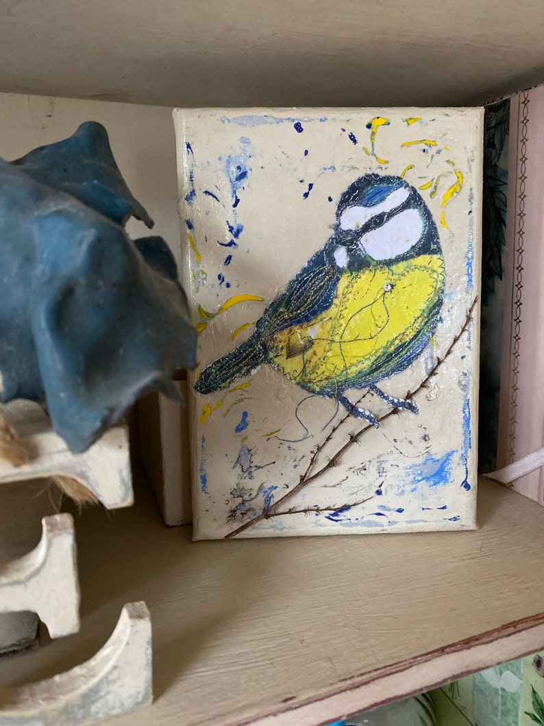 Fiddlestitch Blue Tit Canvas, a Fiddlestitch stitched Blue Tit on a handpainted Canvas perfect gift for Bird Lovers. image 2