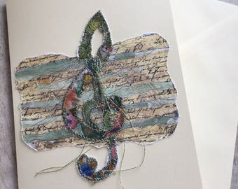 Fiddlestitch Treble Clef Card. Musical Heart Gift , G-Clef Card for Music Lovers, Teacher's thank you note. Blank Card with envelope.