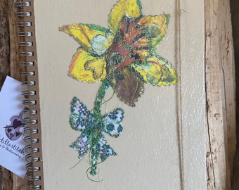 Fiddlestitch Daffodil Notebook, Daffodil Art, stitched Daffodil stationery for flower lovers