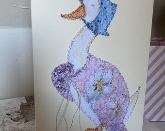 Fiddlestitch Duck Greetings Card. Jemima Puddleduck Stitched Blank Card with Welsh Tapestry & Mixed Media.