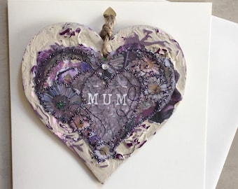 Fiddlestitch Embroidered Mum, Mam, Nana, Nain Card for Mother's Day or Mum's Birthday with a handpainted and stitched Wooden Heart Keepsake