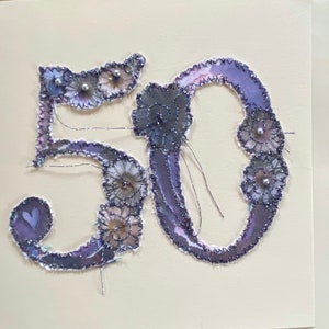 Fiddlestitch 50th Birthday Card, handmade and stitched Fifty Gift, Fiftieth Greetings Card, 50.