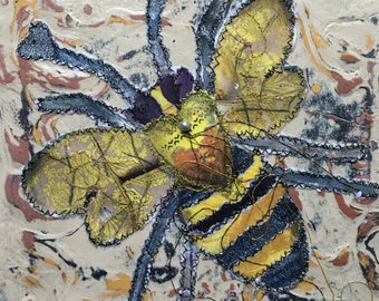 Fiddlestitch Bee Canvas. A Bee Canvas for Bee Lovers & Bee Keepers. Hand painted Canvas with a stitched Bee, Bee Art